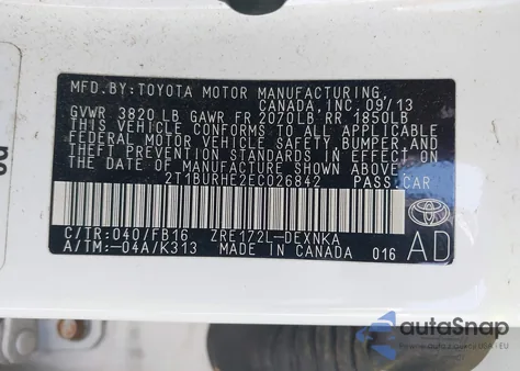 2014 Toyota Corolla Le from USA, damaged, VIN 2T1BURHE2EC026842
